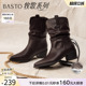 百思图冬季 美拉德粗跟尖头加绒女棕色堆堆骑士短靴F3061DZ5 新款