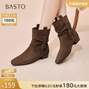 复古西部靴方头粗跟女堆堆短靴W0882DZ5 时尚 百思图2025冬季 新款