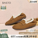 百思图2025冬季新款真皮加绒保暖毛毛乐福鞋舒适女单鞋UXE06DA5