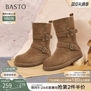 百思图2025冬季新款复古真皮加绒牛仔西部靴堆堆靴女短靴BP811DZ5