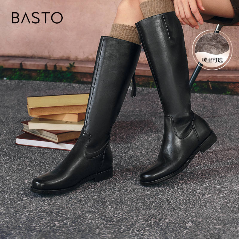 百思图冬商场新款牛皮长筒靴骑士靴粗跟加绒棉鞋女靴A5206DG4