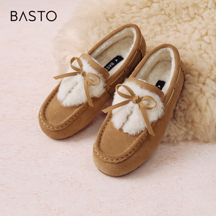 女保暖棉鞋 百思图冬季 豆豆鞋 真皮休闲加绒毛毛鞋 J7675DM4 商场新款