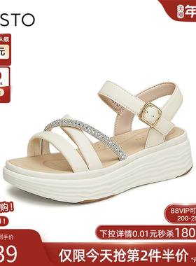 百思图夏商场新款运动风休闲凉鞋松糕厚底女沙滩凉鞋UHR03BL4