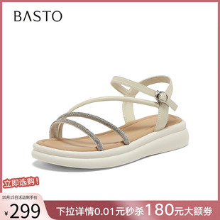 舒适女条带凉鞋 百思图2025夏季 休闲厚底凉鞋 时尚 UCX08BL5 商场新款