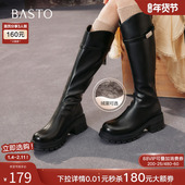 百思图2025冬季 商场新款 高跟骑士靴圆头粗跟女棕色长靴BV235DG5