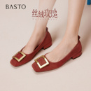 瓢鞋 方扣红色单鞋 百思图25秋新款 粗跟浅口女平底婚鞋 丝绒玫瑰