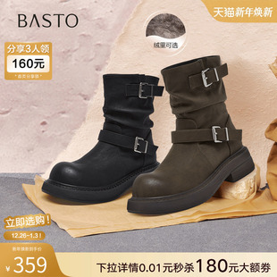 百思图2025冬季 堆堆靴西部靴复古圆头粗跟女短靴B8198DZ5 商场新款