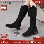 百思图25冬商场新款 加绒绒面骑士靴长靴V口粗跟女西部靴F3016DG5