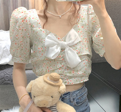 Real shot and real price Korean version slim and versatile square neck bow and bubble sleeve short Floral Top