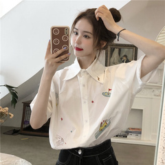 Real shot real price Korean loose and versatile girl's embroidered Short Sleeve Shirt Top