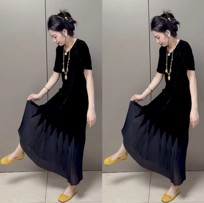 欧货时尚高级感短袖真丝绒拼沙宽松显瘦连衣裙女2025夏季新款长裙