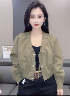 2025春款新款开衫设计款螺纹拼接外套蝙蝠袖抽绳宽松百搭短款上衣