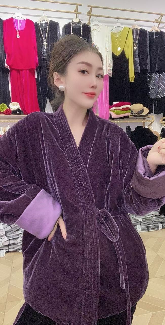 新中式国风盘扣丝绒和服加棉外套女2025秋冬复古棉服二棉上衣潮