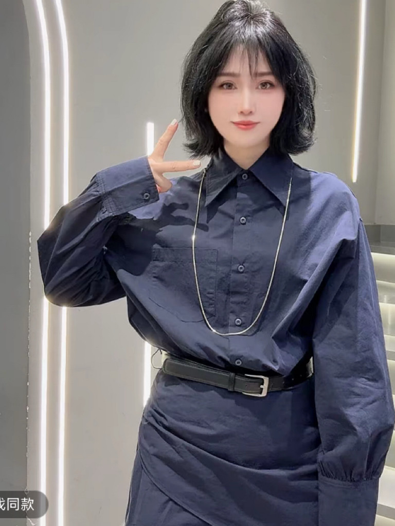 纯欲高级感辣妹翻领长袖衬衫连衣裙女2025秋季新款修身显瘦A字裙