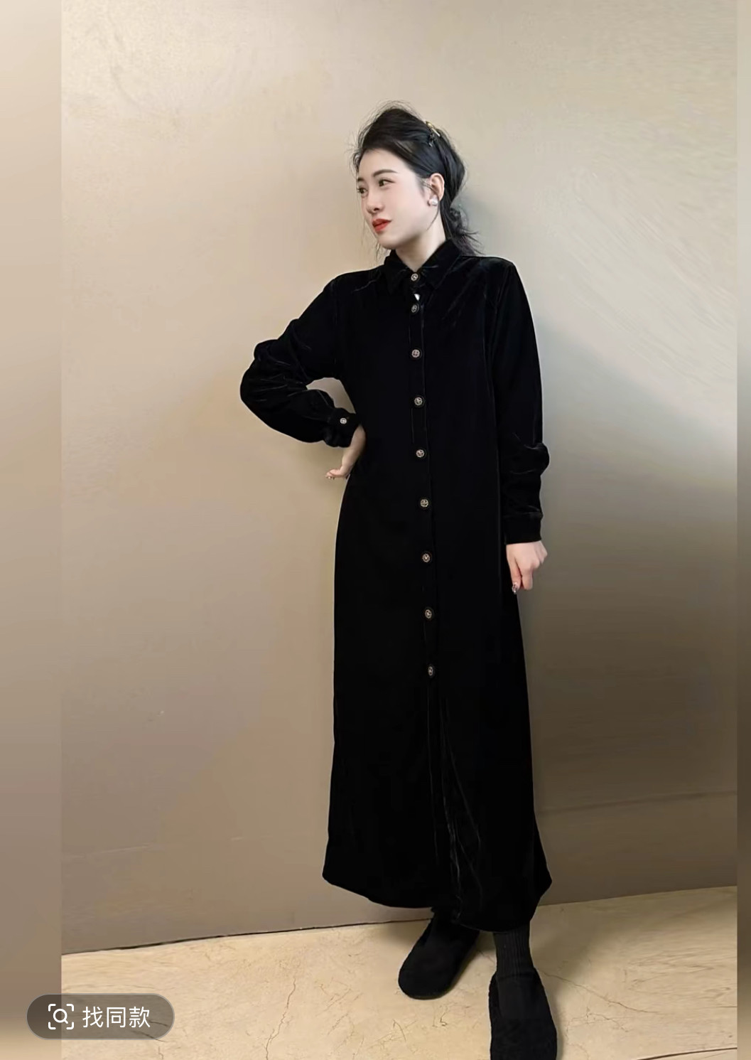 新中式国风真丝绒长袖宽松大码衬衫裙女2026春秋复古连衣裙长裙子