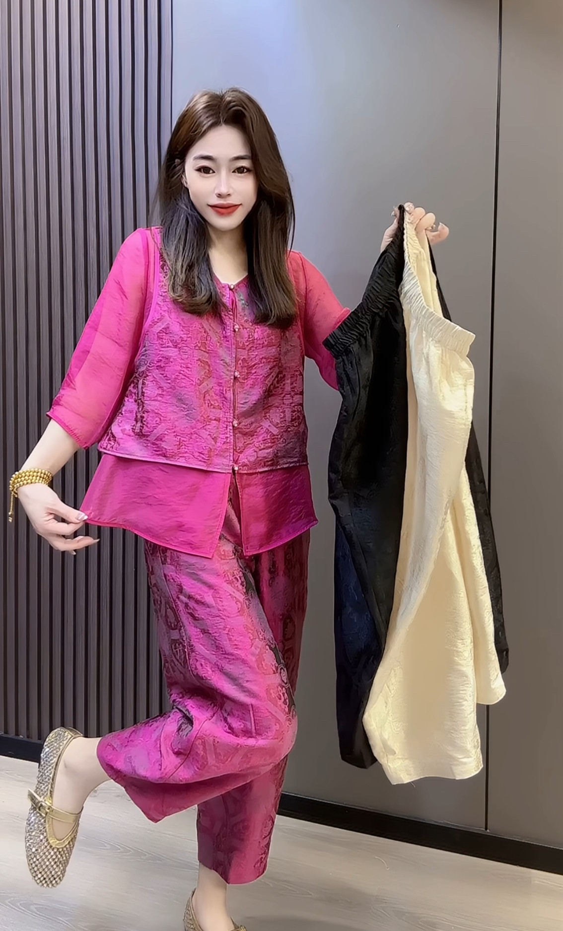 新中式国风盘扣琉璃缎暮云纱假两件衬衫上衣九分哈伦裤子女2026夏