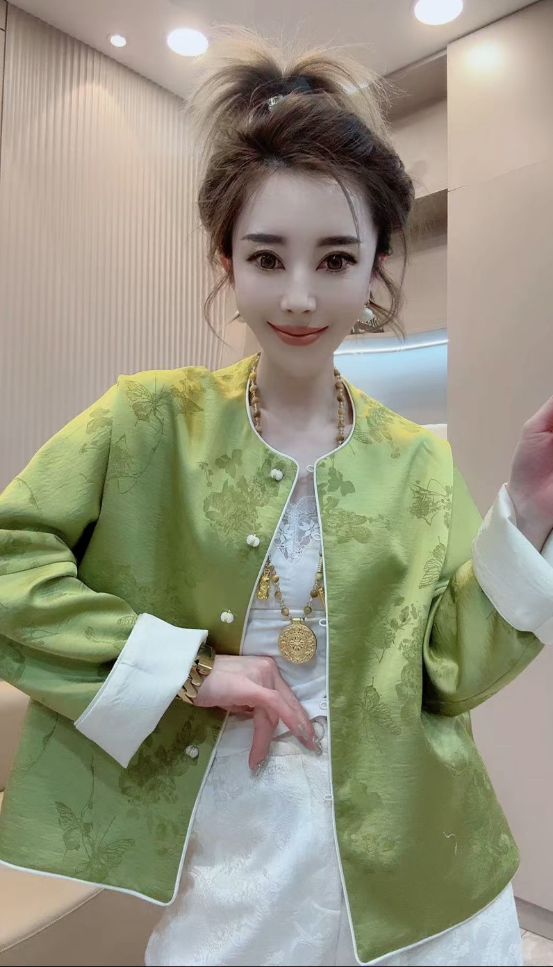 新中式国风圆领真丝提花双面穿宽松外套女2025春季复古唐装上衣潮