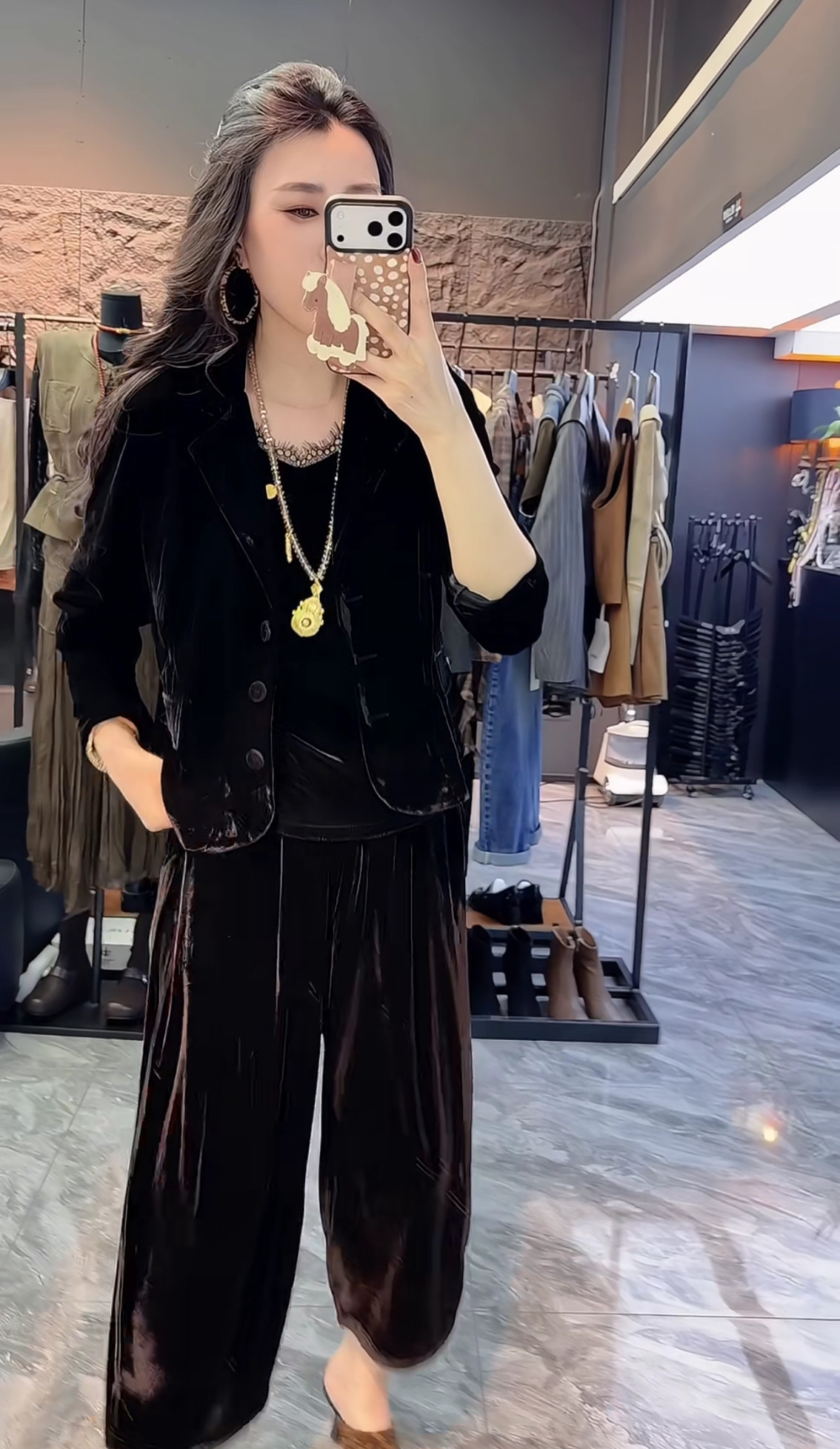 欧货时尚柔缎丝绒宽松西服外套上衣九分阔腿裤休闲套装女2026秋季