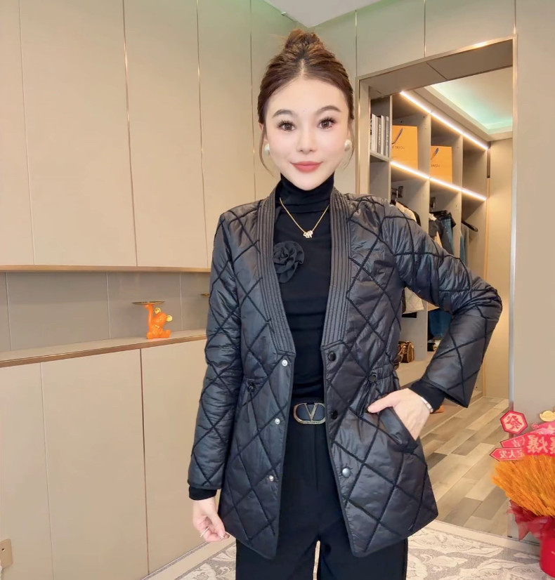 欧货时尚高级感菱形压格抽绳棉服女2024秋冬新款显瘦棉衣外套上衣