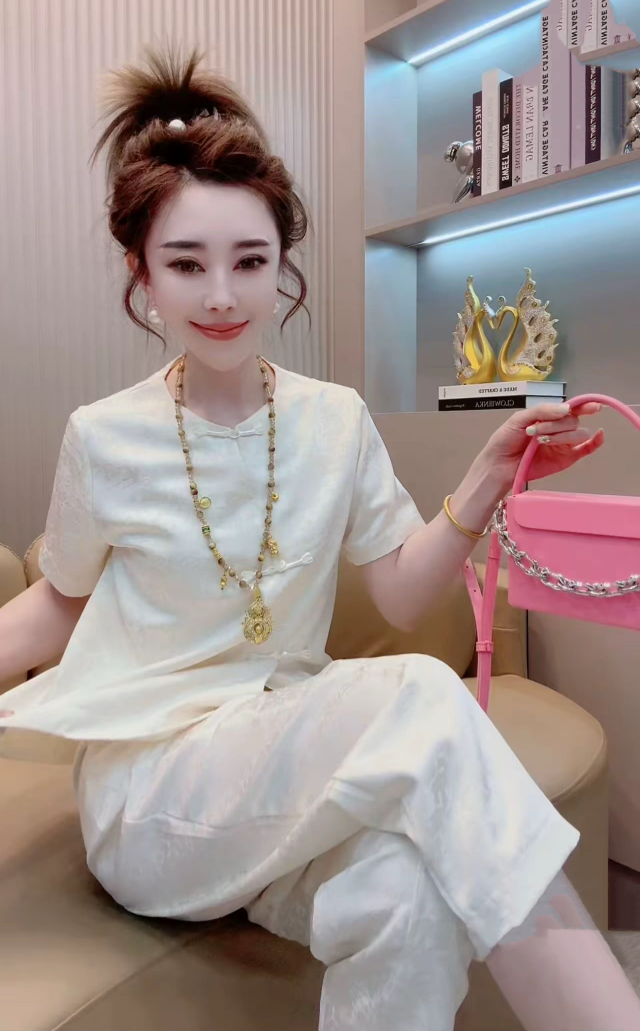 新中式国风盘扣醋酸真丝提花短袖上衣休闲哈伦裤子套装女2025春夏