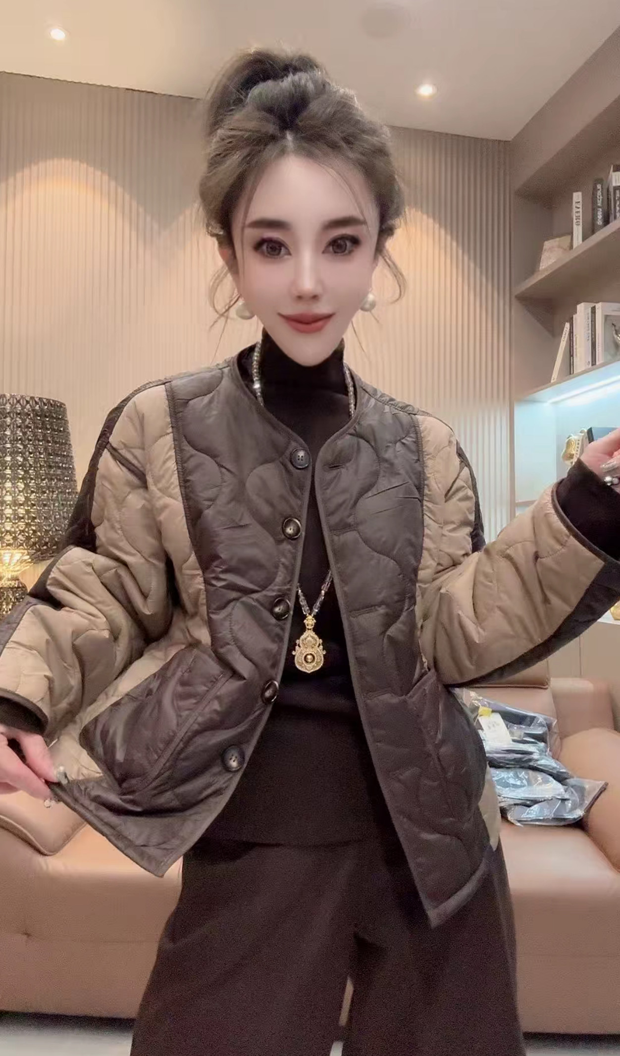 欧货时尚砸线拼色薄棉服外套棉衣女2026秋冬慵懒风宽松二棉上衣新