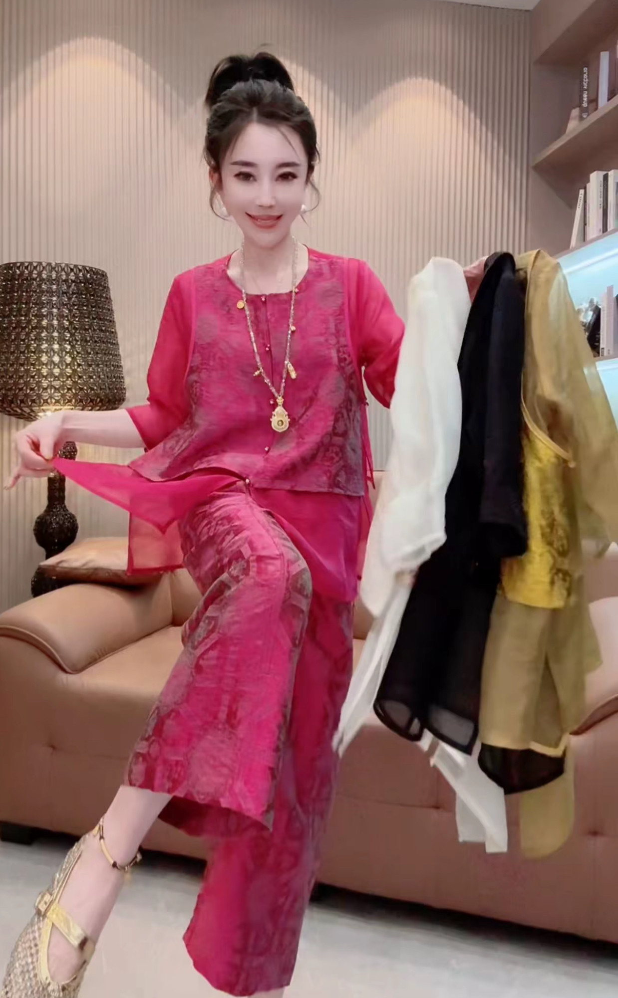 新中式国风圆领琉璃缎雪纺假两件衬衫上衣九分哈伦裤套装女2026夏