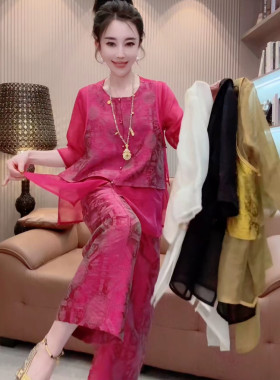 新中式国风圆领琉璃缎雪纺假两件衬衫上衣九分哈伦裤套装女2026夏