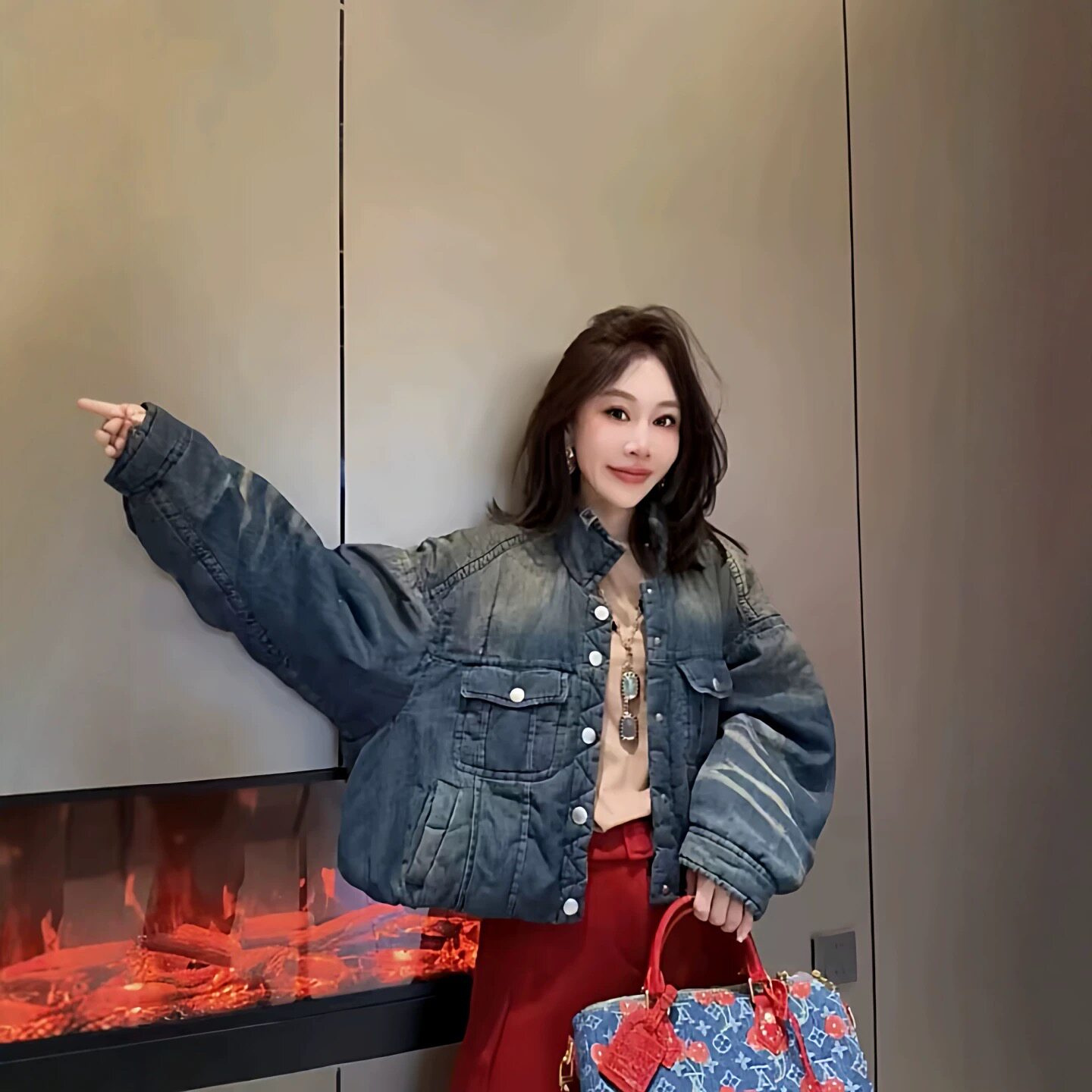 复古做旧晕染松紧腰牛仔棉服二棉薄款个性设计感女装棉衣外套休闲