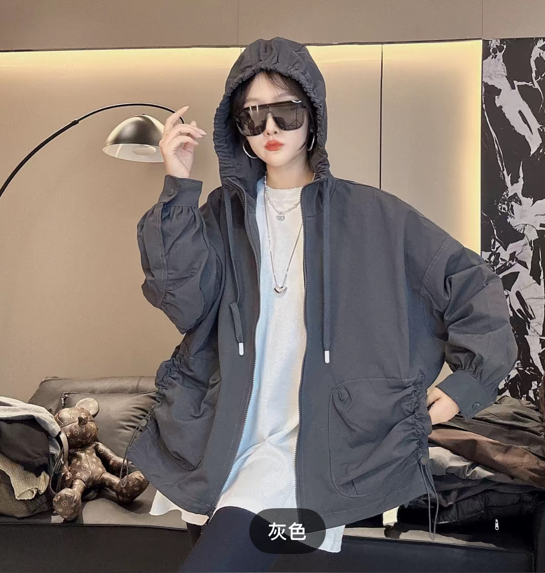 春秋新款大口袋设计感抽绳连帽冲锋衣女韩版宽松时尚百搭大码风衣