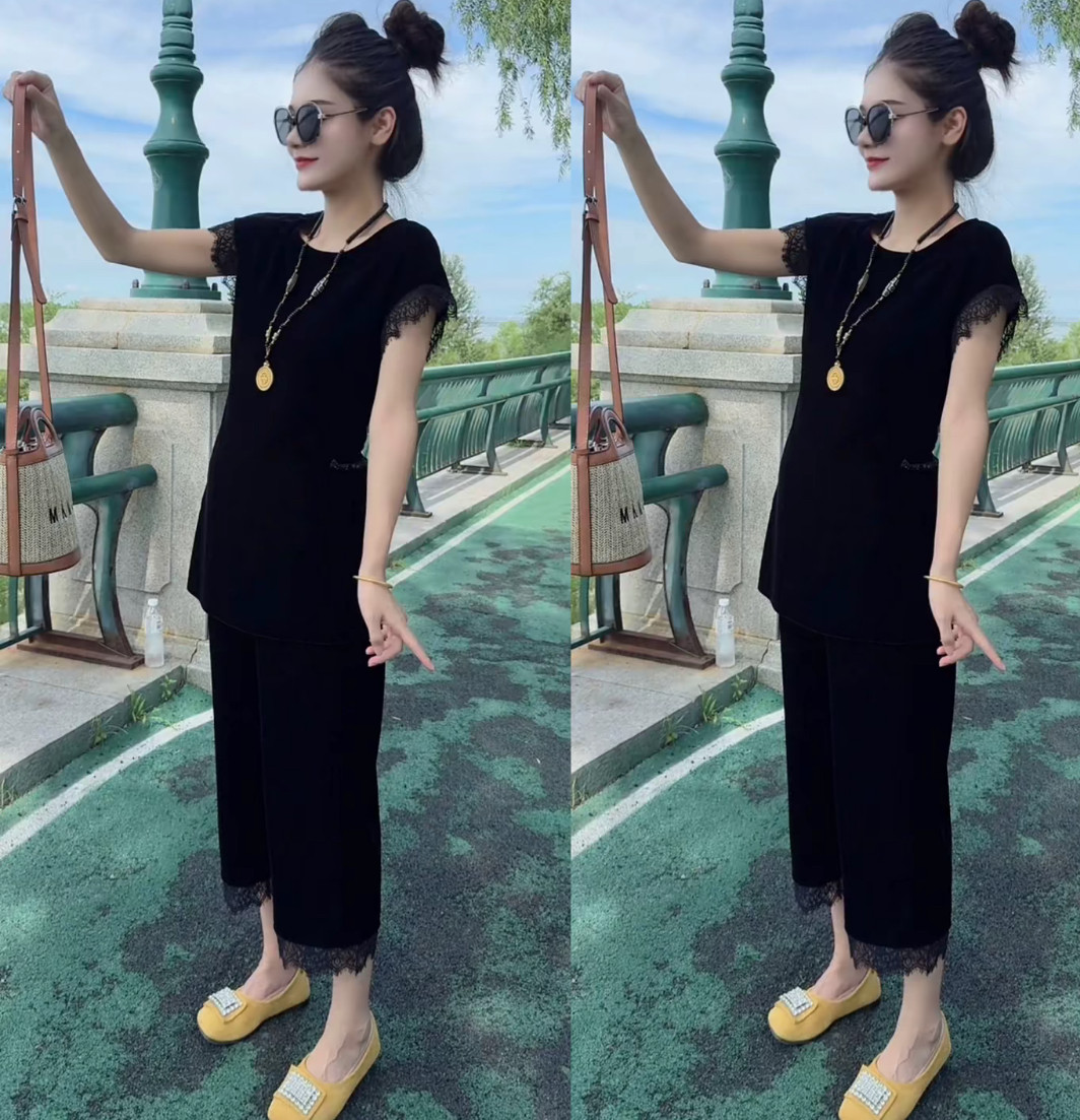 欧洲站2026夏季新款时尚简约蕾丝拼接圆领上衣高腰裤子两件套女潮