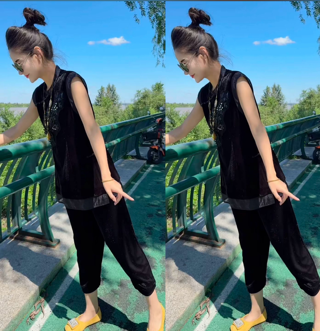 26071#新款新中式《古韵悠然》复古盘扣立领黑色丝绒上衣裤子套装