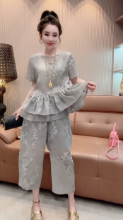 新中式国风短袖亮片刺绣荷叶边娃娃服上衣九分阔腿裤套装女2026夏