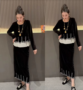 黑色法式小香风高级感丝绒衬衫上衣女2026秋季新款荷叶边拼接套装