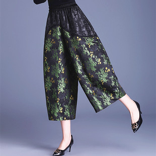 高端外贸清仓高品花苞裤 女高腰秋冬加绒小个子九分国风提花阔腿裤