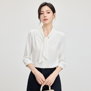 白色飘带职业衬衫女士春夏新款秋季七分袖高级感通勤面试气质衬衣