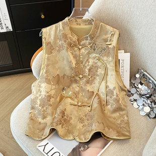 新中式国风气质马夹女高级感春秋季缎面提花唐装马甲坎肩背心上衣