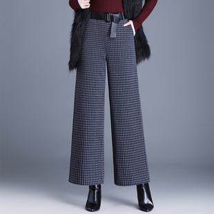 羽绒棉裤冬季时尚新款格纹毛呢裤妈妈加厚裤子高腰外穿保暖直筒裤