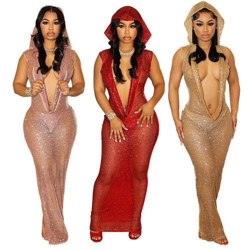 2025 New fashion sexy deep v sequin dress women Party skirt