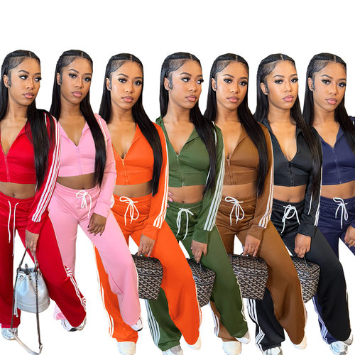 women striped hooded jacket straight leg pants two-piece set