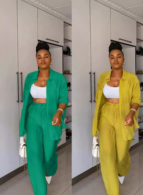 Women's 2026 casual shirt straight leg pants two-piece set