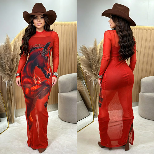 2026 Fashion Women's Sexy Mesh Print Hot Drilled Dress Set
