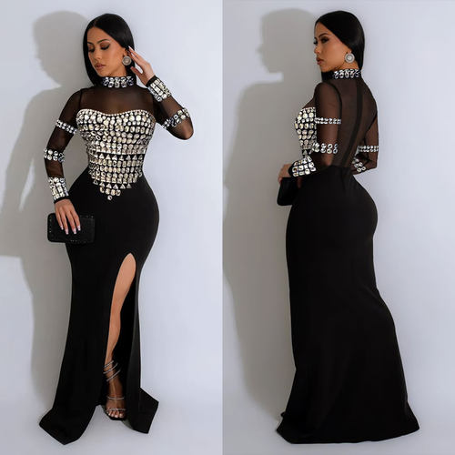 women's Sexy rhinestone splicing slim fit split party dress