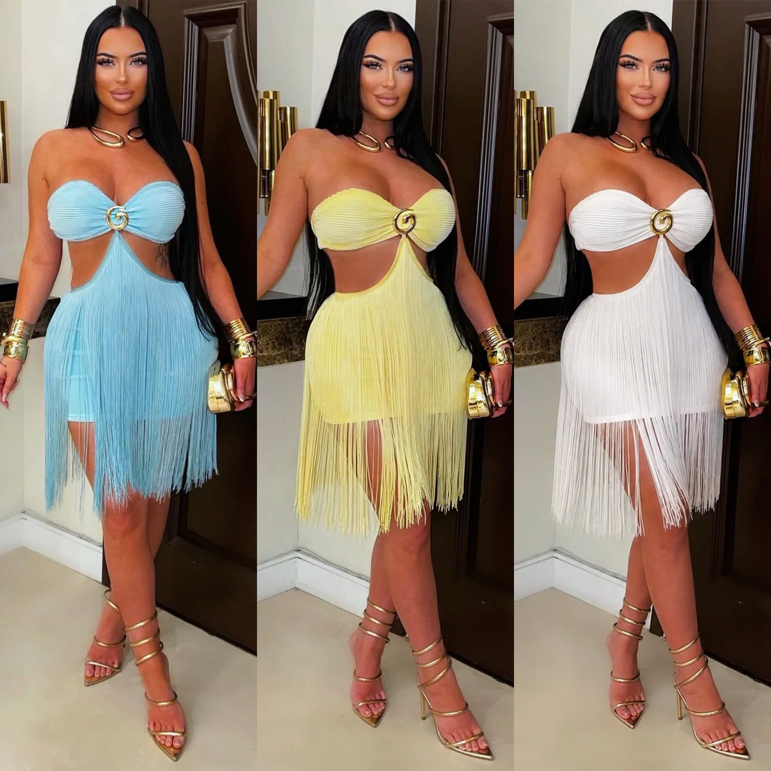 2026women strapless fringe short skirt nightclub party dress图片