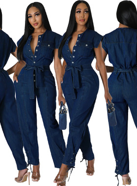 Women denim belt corns lace-up casual romper jumpsuit 连体裤