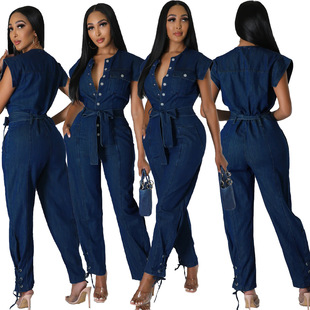 Women denim belt corns lace-up casual romper jumpsuit 连体裤
