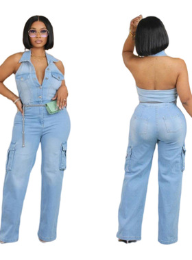 Fashion women's Slim-fit denim romper Straight leg jumpsuit