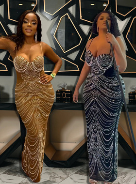 Hot drill Sexy halter dress Women's hip skirt 包臀长款连衣裙