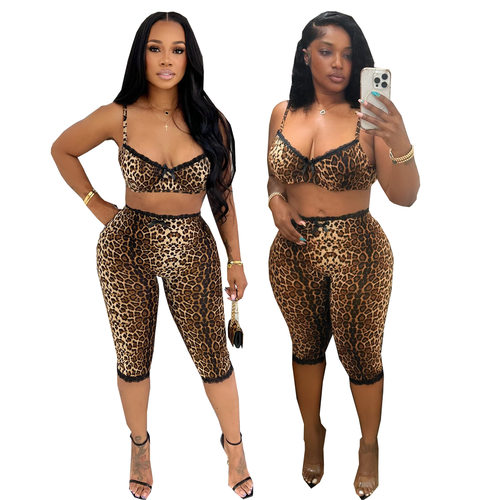Women fashion leopard print sexy bra lace cropped pants set