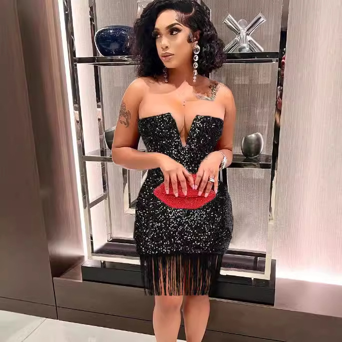 Sexy women's V-neck top hip fringe sequin dress Party skirt