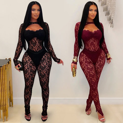 2026 Fashion women's sexy lace slim fit hip hugging jumpsuit